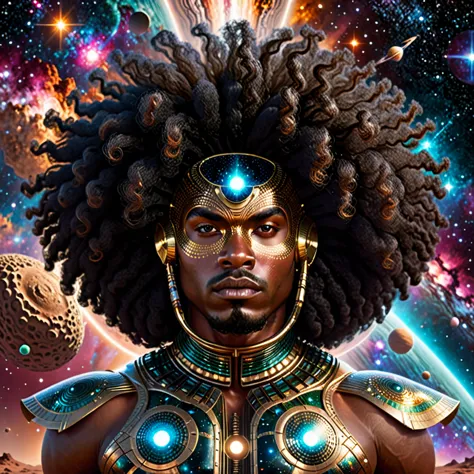 centered, a brown skin man with a huge black power afro hair mixed in the cosmos galaxy, afrofuturism, cosmic, afrofuturism fash...