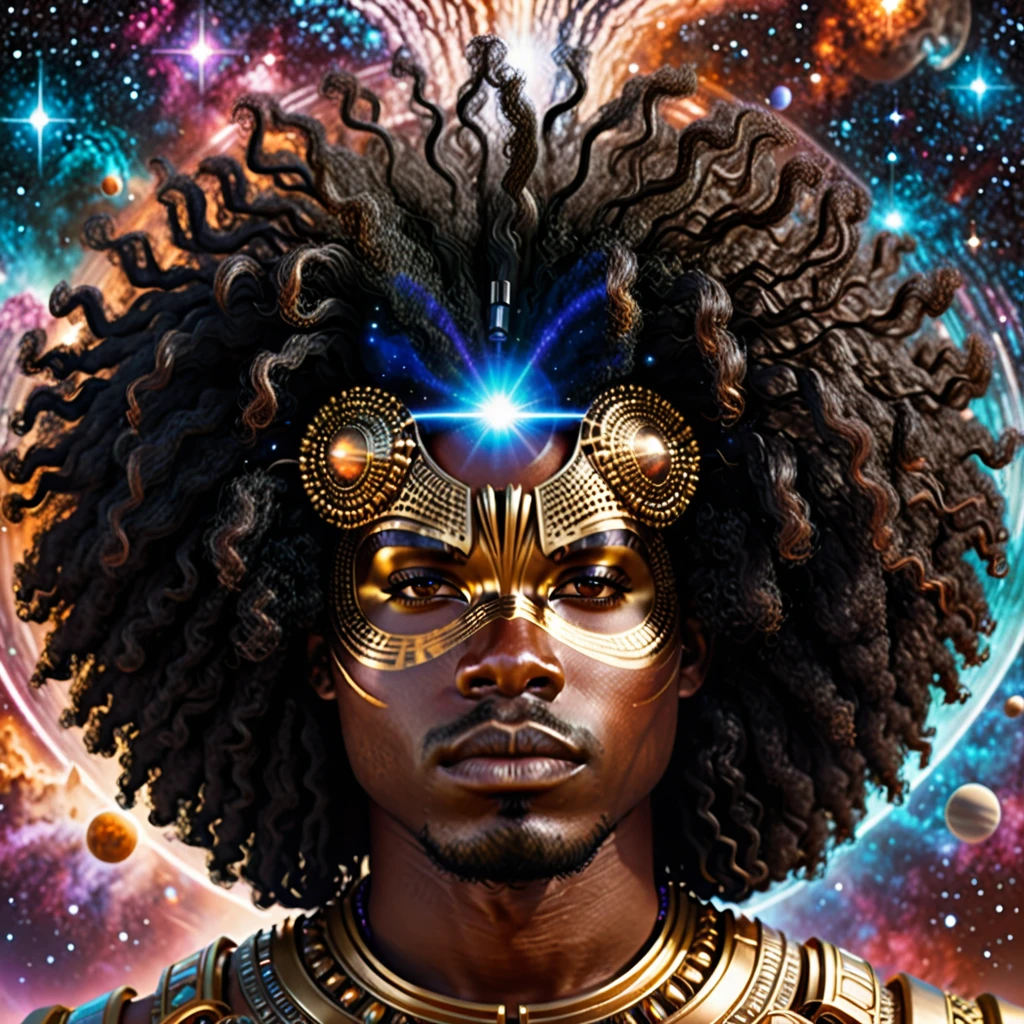 Centered, a brown skin man with a huge black power afro hair mixed in the cosmos galaxy, afrofuturism, cosmic, afrofuturism fashion, album cover, ultra quality, 8K, masterpiece, photorealistic face, cinematic scene