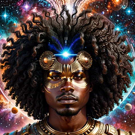 centered, a brown skin man with a huge black power afro hair mixed in the cosmos galaxy, afrofuturism, cosmic, afrofuturism fash...