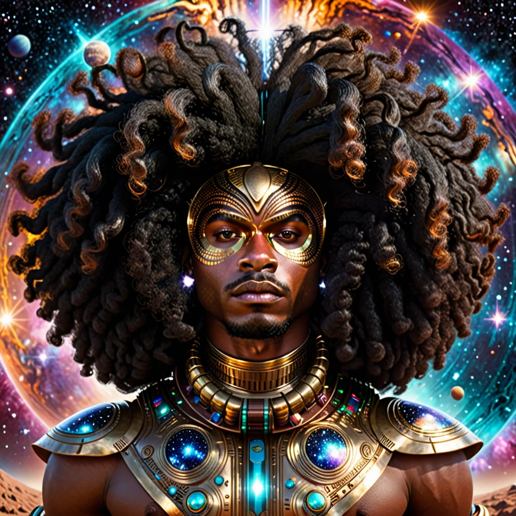 Centered, a brown skin man with a huge black power afro hair mixed in the cosmos galaxy, afrofuturism, cosmic, afrofuturism fashion, album cover, ultra quality, 8K, masterpiece, photorealistic face, cinematic scene