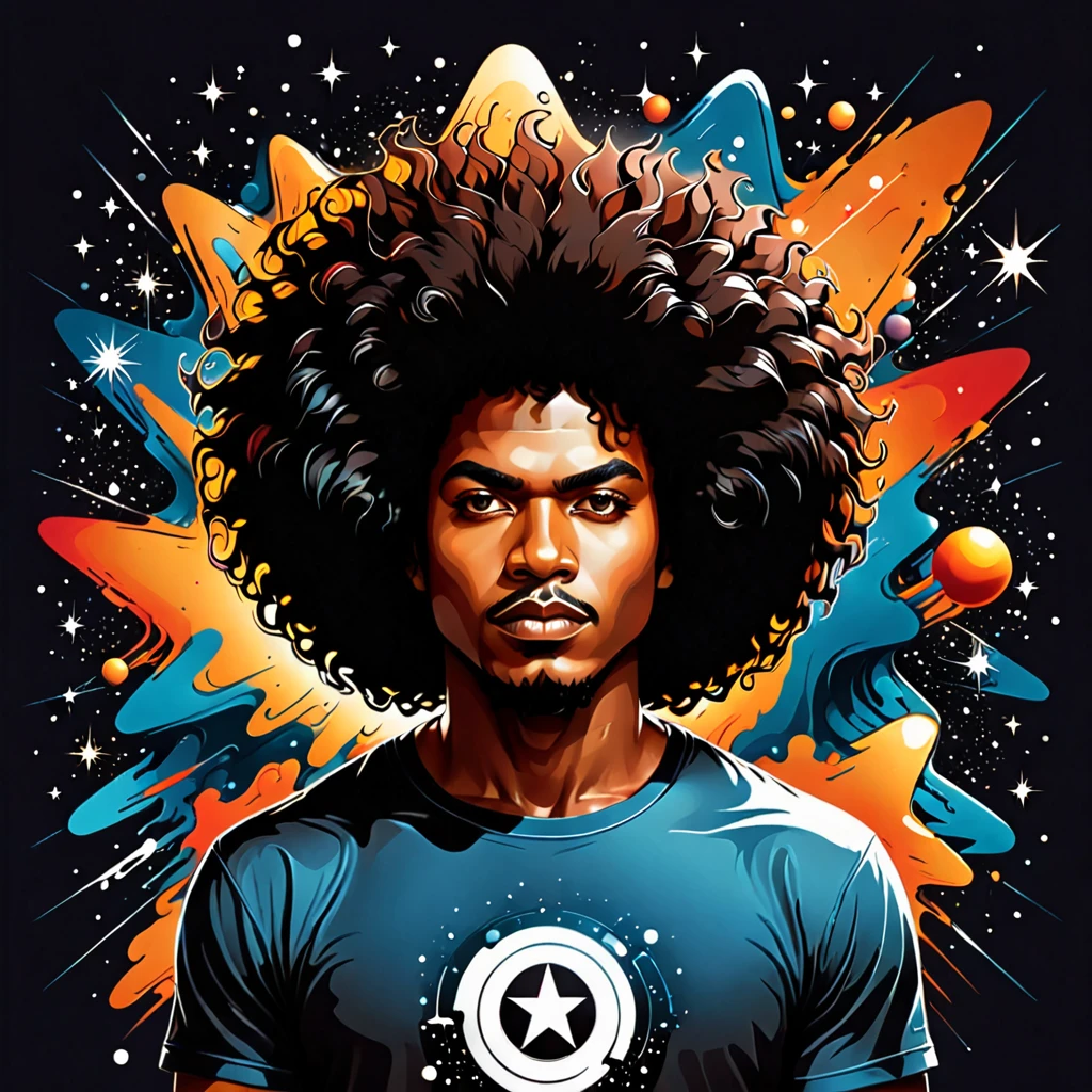 Vector t-shirt art design, Centered, a brown skin man with a huge black power afro hair mixed in the cosmos galaxy, afrofuturism, cosmic, ultra quality, 8K, masterpiece, photorealistic face, cinematic scene