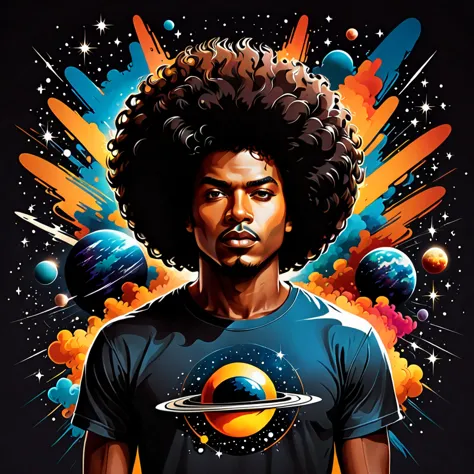 vector t-shirt art design, centered, a brown skin man with a huge black power afro hair mixed in the cosmos galaxy, afrofuturism...