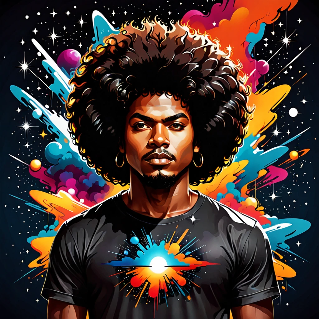 Vector t-shirt art design, Centered, a brown skin man with a huge black power afro hair mixed in the cosmos galaxy, afrofuturism, cosmic, ultra quality, 8K, masterpiece, photorealistic face, cinematic scene