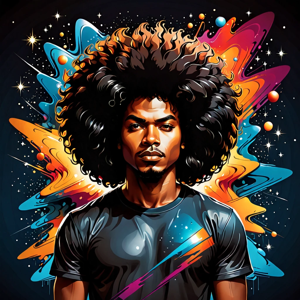 Vector t-shirt art design, Centered, a brown skin man with a huge black power afro hair mixed in the cosmos galaxy, afrofuturism, cosmic, ultra quality, 8K, masterpiece, photorealistic face, cinematic scene