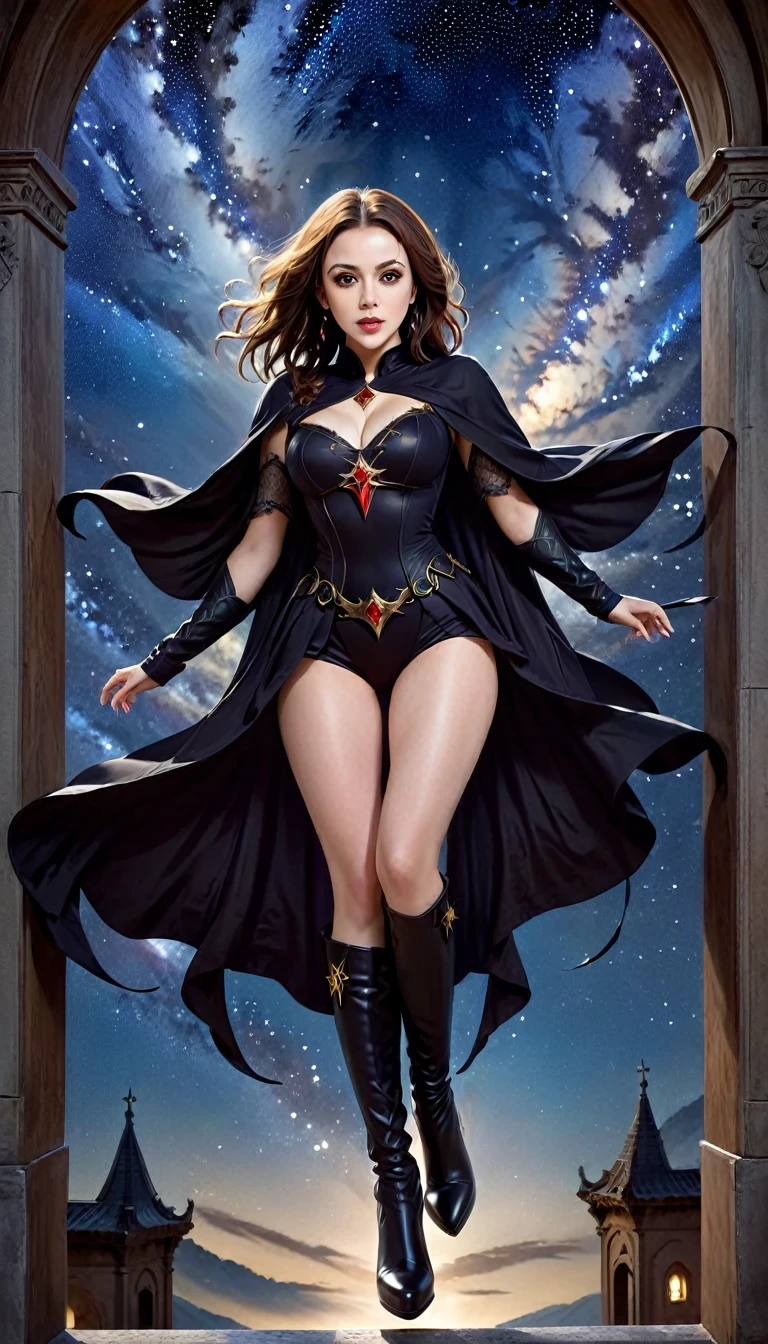 una mujer hermosa y refinada (Alyssa Milano como Phoebe Halliwell, de la serie encantada) parada bajo el cielo estrellado en el balcón de su monasterio, foto de acción, ángulo dinámico (ultra detallado, Obra maestra, mejor calidad), rosto ultra detallado (ultra detallado, Obra maestra, mejor calidad), ultrafemenina, (Feria de la piel: 1,3), pelo ondulado, color de ojos dinámico, ojos frios, glare eyes, ojos intensos, labios rojo oscuro, [colmillos], vistiendo de negro (ultra detallado, Obra maestra , mejor calidad), vistiendo una capa blanca (ultra detallado, Obra maestra, mejor calidad), gorra larga, capa que fluye (ultra detallado, Obra maestra, mejor calidad), usar botas de tacón alto, cielo lleno de estrellas en el fondo, luz de la luna, foto de acción, detalles altos, mejor calidad, 16k, [ultra detallado], Obra maestra, mejor calidad, (ultra detallado), cuerpo completo, Foto ultra ancha, fotorrealism, arte de fantasía oscura, arte de fantasía oscura, muchas estrellas, arte de fantasía oscura, Sensación de pavor. 