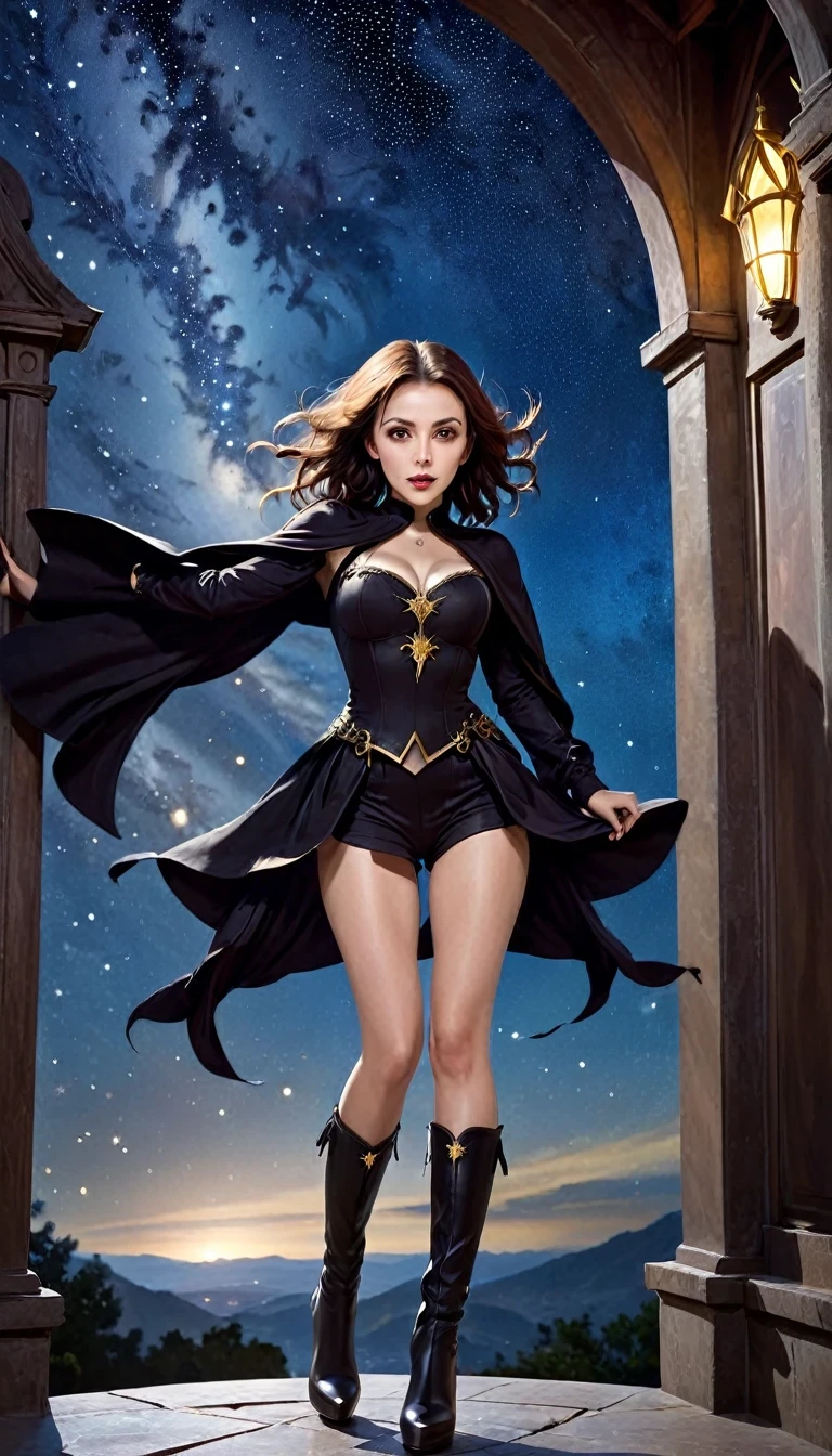 una mujer hermosa y refinada (Alyssa Milano como Phoebe Halliwell, de la serie encantada) parada bajo el cielo estrellado en el balcón de su monasterio, foto de acción, ángulo dinámico (ultra detallado, Obra maestra, mejor calidad), rosto ultra detallado (ultra detallado, Obra maestra, mejor calidad), ultrafemenina, (Feria de la piel: 1,3), pelo ondulado, color de ojos dinámico, ojos frios, glare eyes, ojos intensos, labios rojo oscuro, [colmillos], vistiendo de negro (ultra detallado, Obra maestra , mejor calidad), vistiendo una capa blanca (ultra detallado, Obra maestra, mejor calidad), gorra larga, capa que fluye (ultra detallado, Obra maestra, mejor calidad), usar botas de tacón alto, cielo lleno de estrellas en el fondo, luz de la luna, foto de acción, detalles altos, mejor calidad, 16k, [ultra detallado], Obra maestra, mejor calidad, (ultra detallado), cuerpo completo, Foto ultra ancha, fotorrealism, arte de fantasía oscura, arte de fantasía oscura, muchas estrellas, arte de fantasía oscura, Sensación de pavor. 