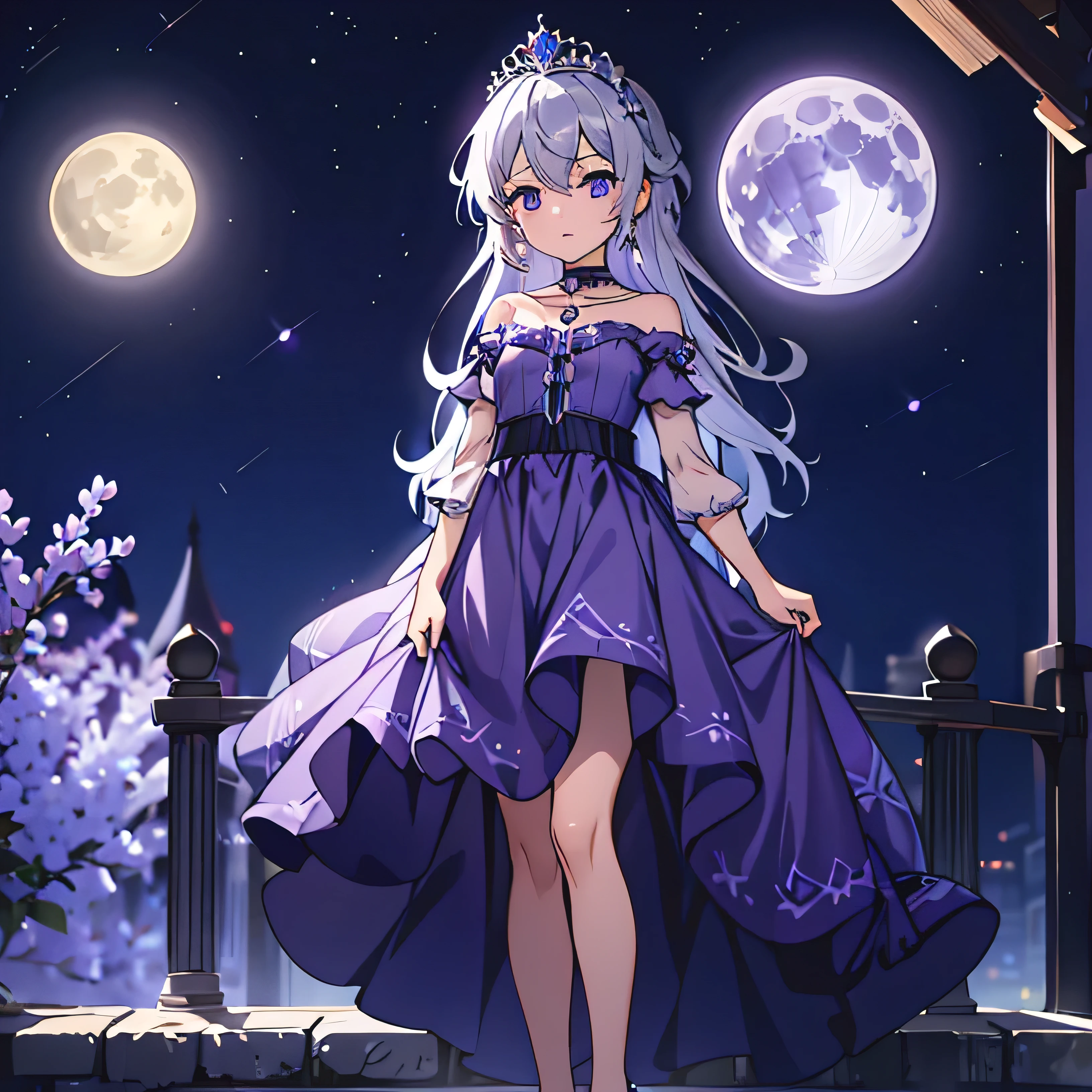 high resolution, 4k, 8k, standing, 1 female, kid, silver hair, tiara, VIOLET INDIGO PURPLE moon princess dress gown