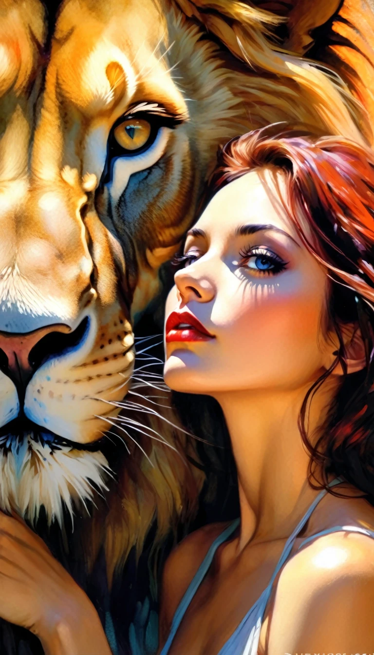 chica sexy y león, , obra de arte inspirada en Bill Sienkiewicz, colores vívidos, detalles intrincados, aceite. (mejor calidad,4k,8K,alta resolución,obra maestra:1.2),ultra detallado,(Realista,photoRealista,photo-Realista:1.37),detalles intrincados,colores vívidos,enfoque nítido,Profesional,Obra de arte de Dave McKean, aceite touch of surrealism,aceite painting style,Retrato,mujer,hermosos ojos detallados,hermosos labios detallados,atmósfera de ensueño,juego de sombras,iluminación suave,pose juguetona, chica sexy y león
