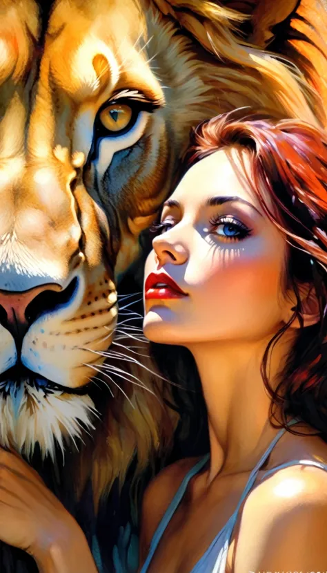 sexy girl and lion, , artwork inspired by Bill Sienkiewicz, vivid colors, intricate details, oil. (best quality,4k,8k,highres,ma...