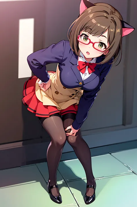 maekawa miku,nsfw,footjob,1 boy penis,cat ear,red glasses,uniform,black pantyhose