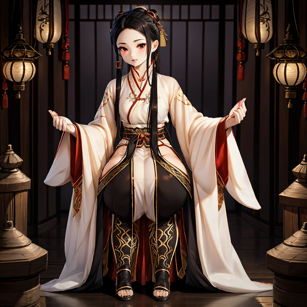 Yama Girl，Chinese underworld style，Chinese ghost style，black, red, and blue，Spooky style，black，big butt女孩，Girl crouching，butt，big butt，Lift up the skirt，Hanfu，Hanfu，Chinese style