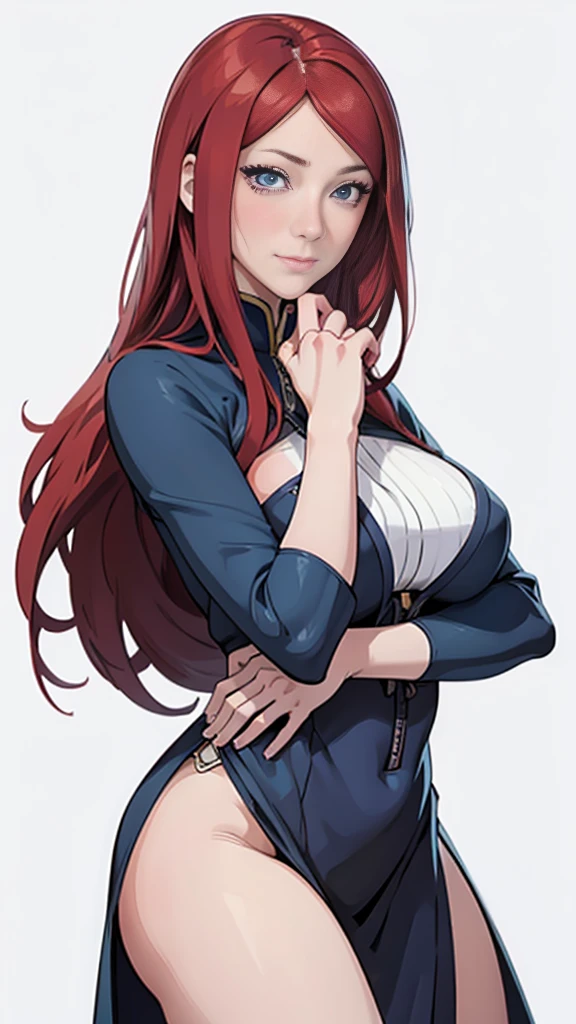 Kushina, prostitute, best quality: 1.1, 1 girl, (blue eyes), detailed blue eyes, well-aligned eyes, extremely detailed face, blushing cheeks, perfect face symmetry, smiling, embarrassed, (kunoichi clothes), BREAK intricate details on hands, intricate details on fingers, (huge) breasts, crimson hair, detailed hair, long hair, defined figure, thick muscular legs, small defined waist, voluptuous body, lascivious woman, nymphomaniac woman, dynamic pose, Interacting, ((simple white background): 1.5)