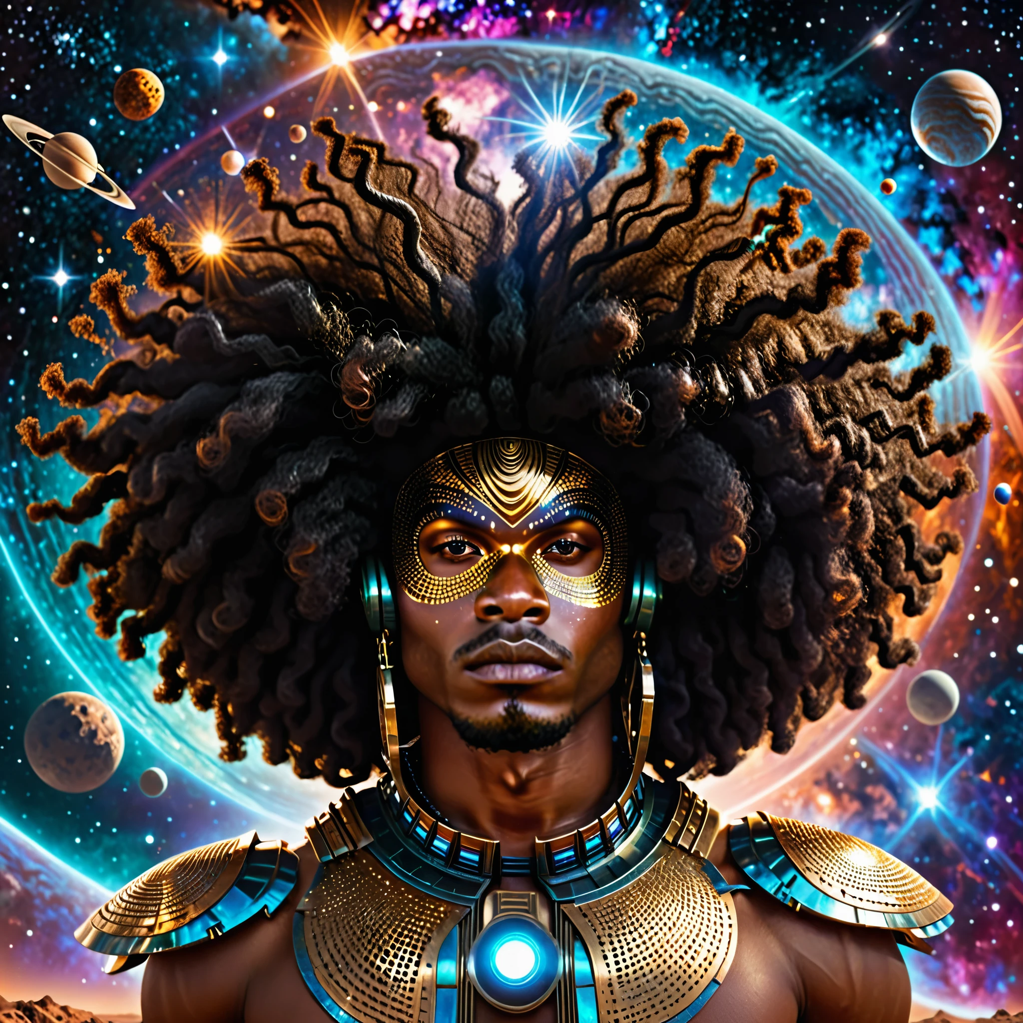 Centered, a brown skin man with a huge black power afro hair mixed in the cosmos galaxy, afrofuturism, cosmic, afrofuturism fashion, album cover, ultra quality, 8K, masterpiece, photorealistic face, cinematic scene