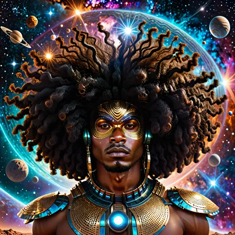 centered, a brown skin man with a huge black power afro hair mixed in the cosmos galaxy, afrofuturism, cosmic, afrofuturism fash...