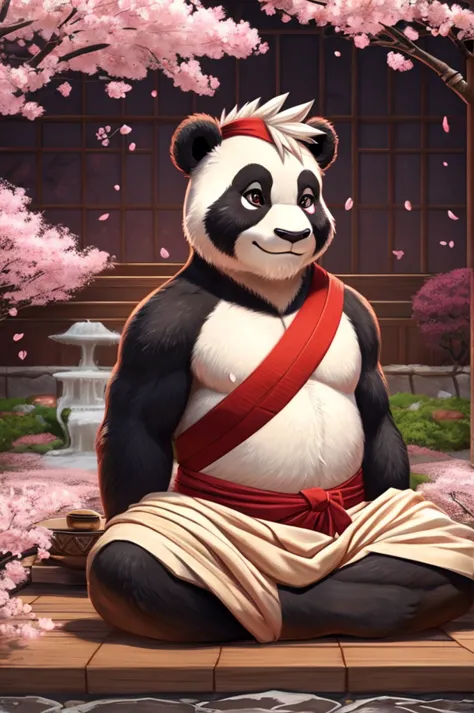 a panda in traditional samurai armor and a katana on his waist. he has a serene expression and a red headband tied across his fo...