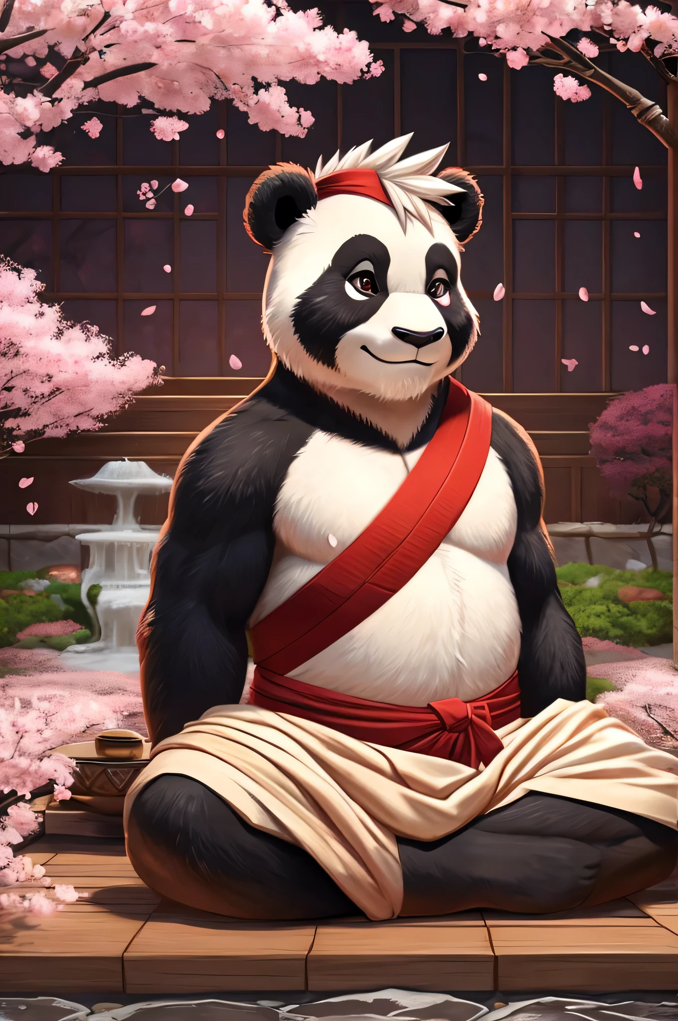 A panda in traditional samurai armor and a katana on his waist. He has a serene expression and a red headband tied across his forehead..
picture details: Japanese garden with cherry blossom trees. The panda is in a meditation posture, with petals falling around you.