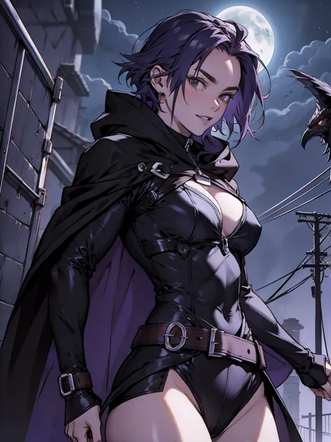 1girl, raven, black leotard, black cape, hood, purple hair, forehead jewel, purple eyes, short hair, belt, skin tight, standing,...