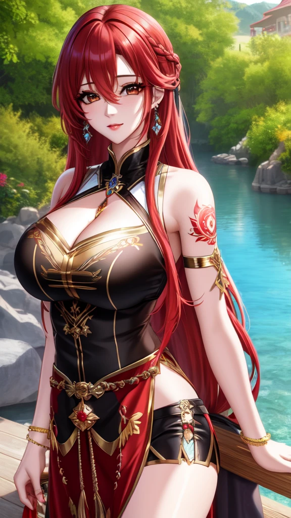 (extremely detailed CG unity 8k wallpaper), the most beautiful artwork in the world, 1girl, breasts, solo, jewelry, earrings, long_hair, cleavage, red_hair, hair_over_one_eye, brown_eyes, looking_at_viewer, tattoo, large_breasts, upper_body, arm_tattoo, kpop idol, jisoo