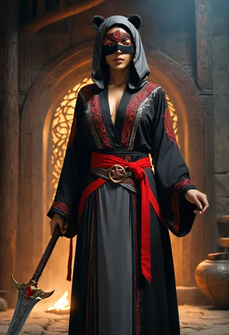 (fantasy character), (archaic embroidered robe:1.3), (black robe:1.3), (wears red blindfold that covers eyes:1.3), (has scars li...