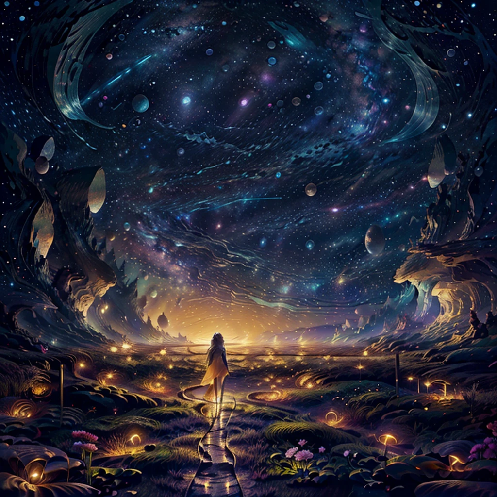 1 girl efl. masterpiece, super beautiful starry night sky, galaxy, an elf woman wearing a translucent transparent outfit walking through a flowery Dune, low angle shot camera perspective. Curvy seductive body, super long light blonde hair, detailed body. from behind, starry background, clear night. fireflies.