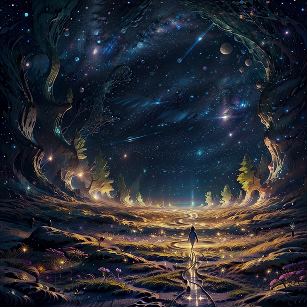 1 girl efl. masterpiece, super beautiful starry night sky, galaxy, an elf woman wearing a translucent transparent outfit walking through a flowery Dune, low angle shot camera perspective. Curvy seductive body, super long light blonde hair, detailed body. from behind, starry background, clear night. fireflies.