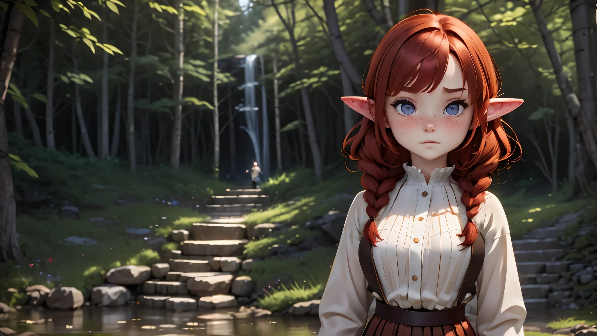 Full length portrait, the forest, night, fireflies, Beautiful girl, Red hair, double braids, real photo of an 18 year old girl, curls,pointed,Short elven ears, Heathorn freckles, unbuttoned, large cutout, a white blouse, torn dress, Slippage, Black background, light on face, dream, magical atmosphere, Cinematic lighting, coals, fantasy, action pose, Mist, photo KRU, 8k contract, Granularity