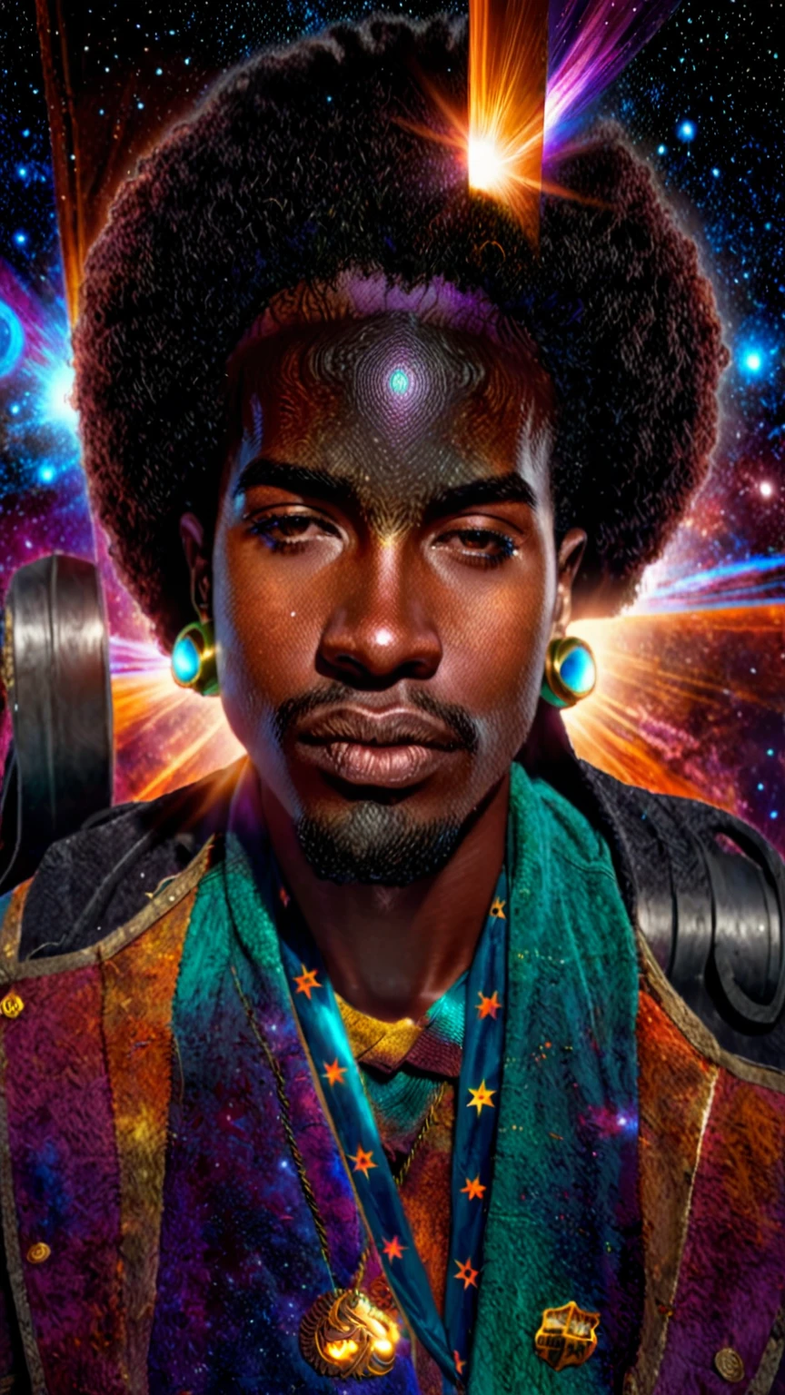 Centered, a brown skin man with a huge black power afro hair mixed in the cosmos galaxy, afrofuturism, cosmic, afrofuturism fashion, album cover, ultra quality, 8K, masterpiece, photorealistic face, cinematic scene