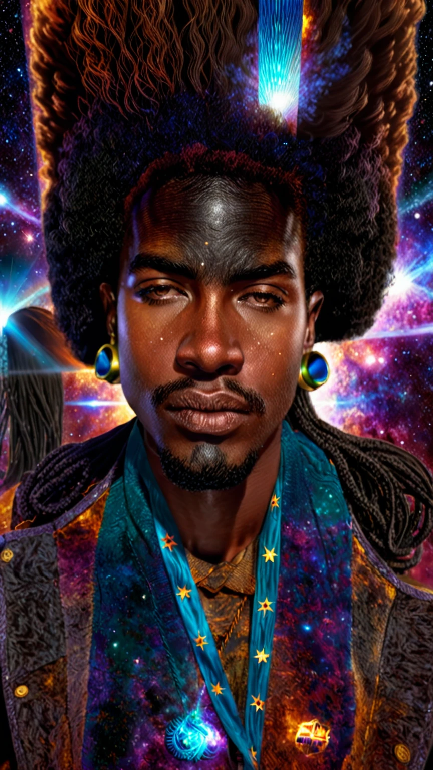 Centered, a brown skin man with a huge black power afro hair mixed in the cosmos galaxy, afrofuturism, cosmic, afrofuturism fashion, album cover, ultra quality, 8K, masterpiece, photorealistic face, cinematic scene