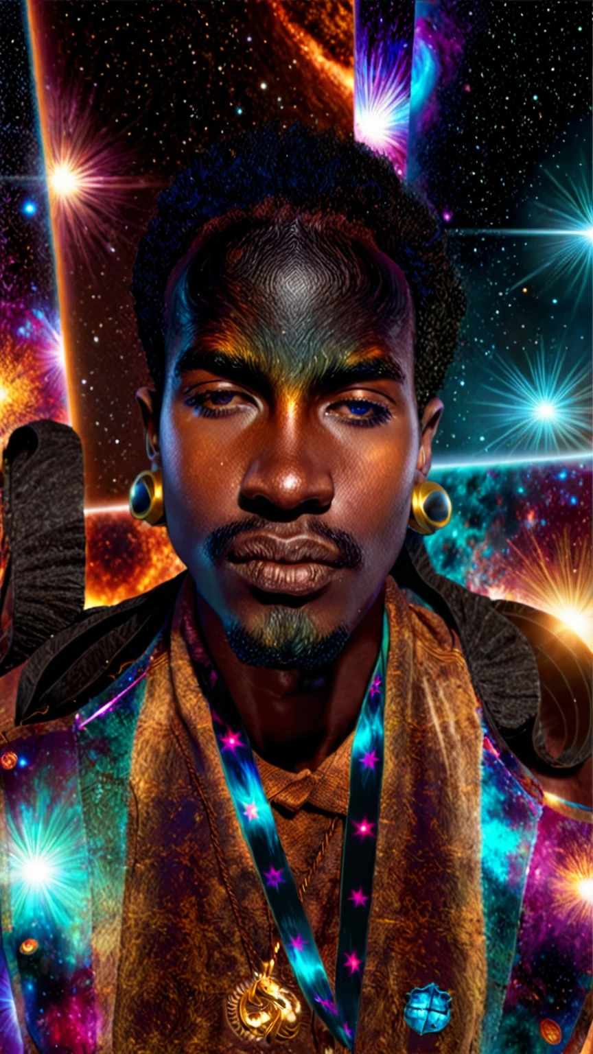 Centered, a brown skin man with a huge black power afro hair mixed in the cosmos galaxy, afrofuturism, cosmic, afrofuturism fashion, album cover, ultra quality, 8K, masterpiece, photorealistic face, cinematic scene