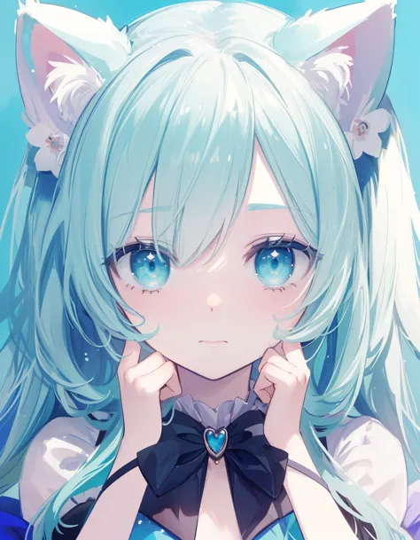 ((masterpiece, best quality:1.5)), ((Beautiful detailed cat aqua eyes:1.2)), cat ears, pale skin, small breasts, beautiful hands...