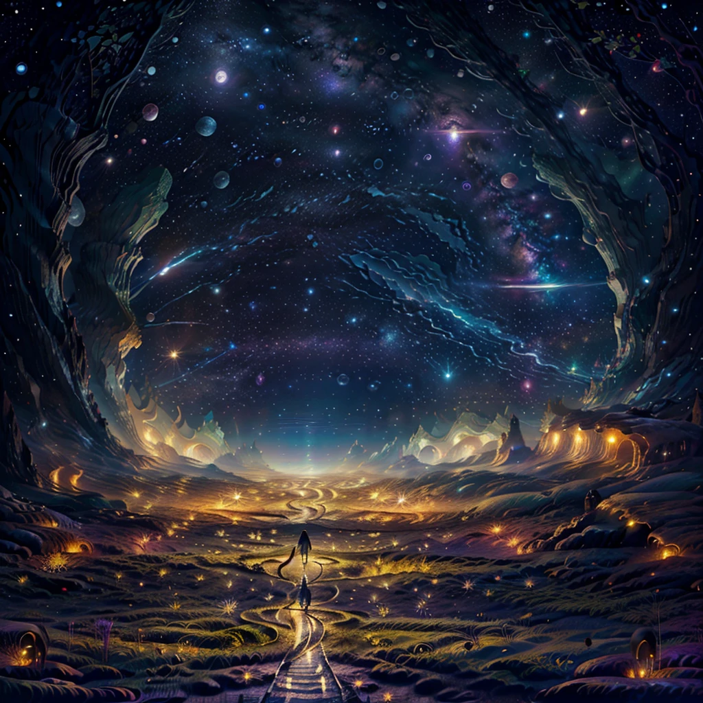 1 girl elfmasterpiece, super beautiful starry night sky, galaxy, an elf woman wearing a translucent transparent outfit walking through a flowery Dune, low angle shot camera perspective. Curvy seductive body, super long light blonde hair, detailed body. from behind, starry background, clear night. fireflies.