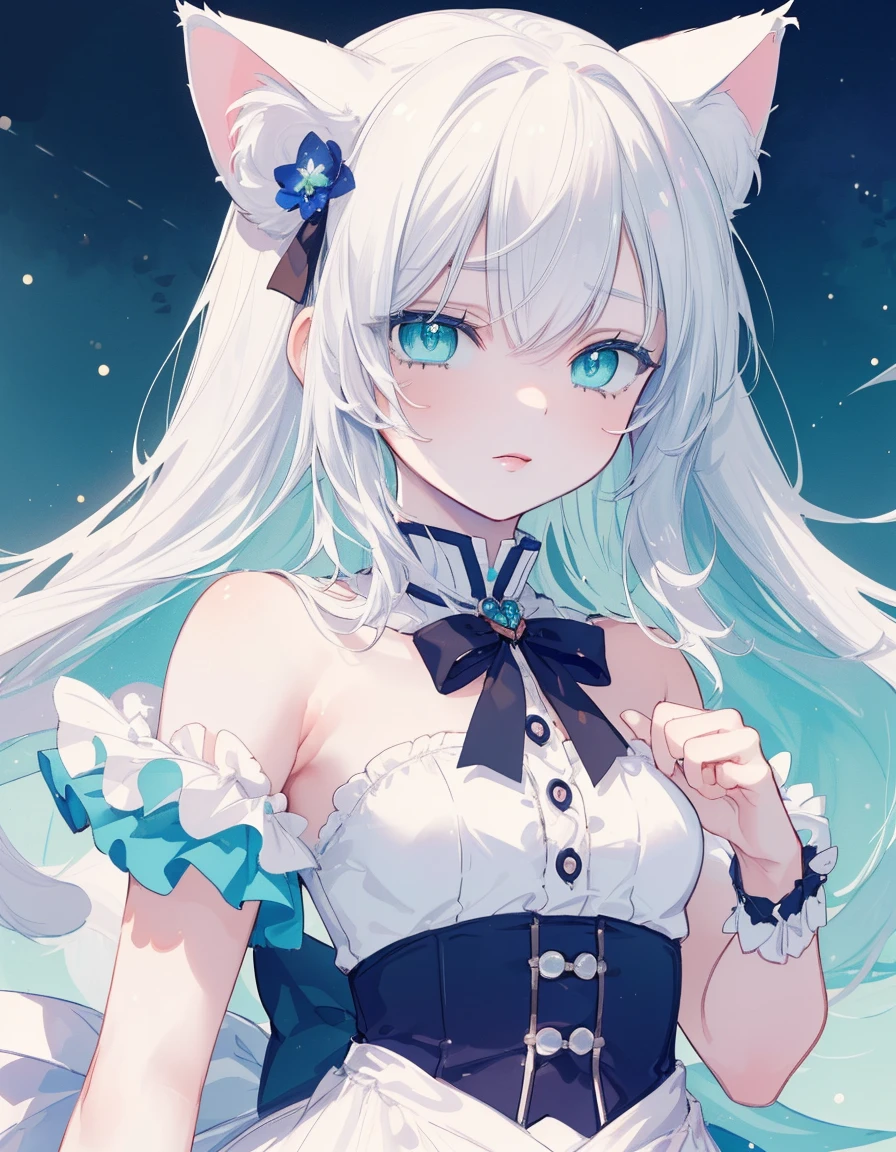 ((masterpiece, best quality:1.5)), ((Beautiful detailed cat aqua eyes:1.2)), cat ears, pale skin, small breasts, beautiful hands, beautiful fingers, EasyNegative