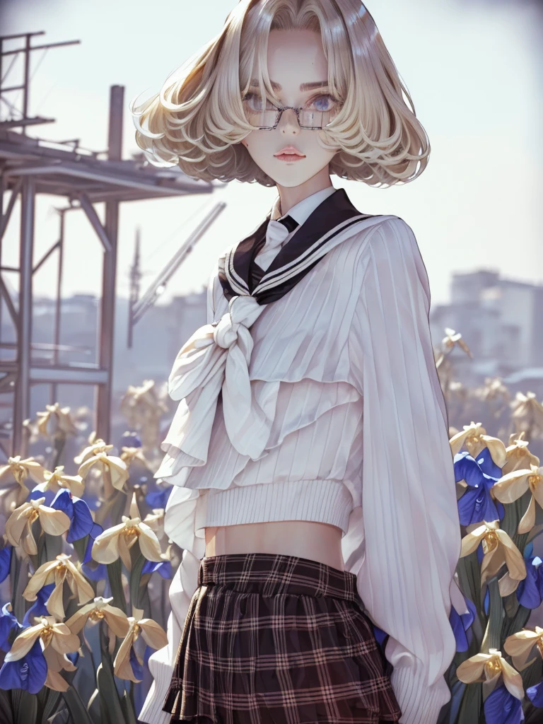 1girl, elegant bearing, small, slender build, short height, pale skin dotted by light freckles, short and straight platinum blonde hair, (((layered hair))), (((jagged hair))), (((close-cropped hair))), (((hazel irises))), silver glasses, cute facial features with an underlying elegance, thin lips, small breasts, 15 years old female, RAW photo, ((slim body: 1)), from behind, (HQ skin: 1.4), 8k uhd, dslr, soft light, high quality, film grain, Fujifilm XT3, ((school uniform, white clothes, gold accents, ((Layered short Haircut)), (looking at viewer:1.4)
