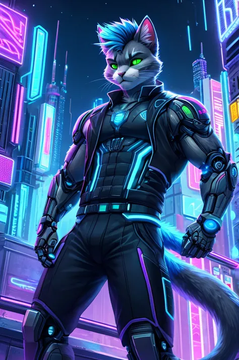 a gray cat with green cybernetic eyes and a neon blue mohawk. he is wearing a black vest with glowing circuitry and has a bionic...