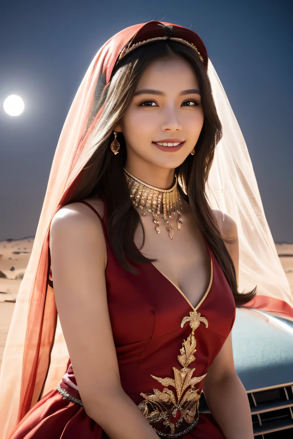 1 Girl, (Wear a bright red Arabian Nights-style costume:1.2), (Veil), Very beautiful Japanese idol portraits, 
(RAW Photos, Highest quality), (Realistic, Realistic:1.4), (masterpiece), 
Very delicate and beautiful, Very detailed, 2k wallpaper, wonderful, finely, Very detailed CG Unity 8K wallpaper, Very detailed, High resolution, Soft Light, 
Beautiful detailed girl, Very detailed目と顔, Beautiful and sophisticated nose, Beautiful and beautiful eyes, Cinema Lighting, 
(Moonlit night in the Sahara desert:1.3), (Big Moon), (Sand Dunes), (Sitting on the bonnet of a car:1.3), (whole body), (Transmits light), (Dark screen:1.5), (Hair and outfits fluttering in the wind), 
(Medium Hair), (whole body), 
Complete Anatomy, Slender body, Small breasts, smile, happiness, (teeth)