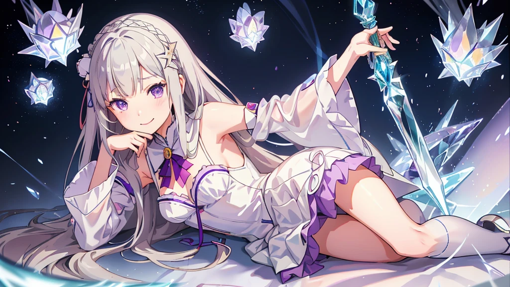 realisti、a girl、 Emilia Li:zero、Crown blade、Flower hair accessories、×Haarschmuck、grey hair、Long hair、purple eyes、Fantasies、Ice magic effect、Enlightenment、Piece flies、smile、mini skirt、white knee socks、