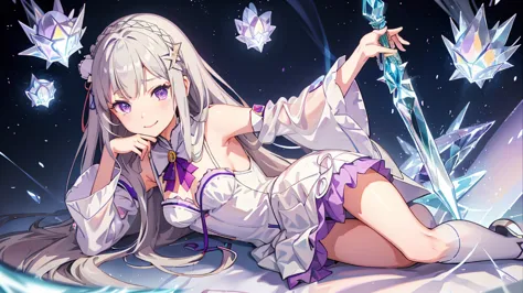 realisti、a girl、 emilia li:zero、crown blade、flower hair accessories、×haarschmuck、grey hair、long hair、purple eyes、fantasies、ice m...