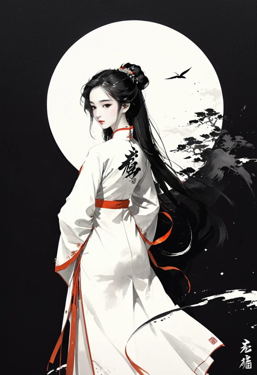 Artistic ink painting，Three-dimensional ink painting，Minimalism，Minimalist graphics，Minimal Art，Chinese anime girls，whole body，Chinese style，antiquity，Ink Painting，cheongsam，Black long hair，Black and white background，古韵White Space，White Space，大面积White Space，Texture Matte，Low saturation，Minimalist composition，Master composition