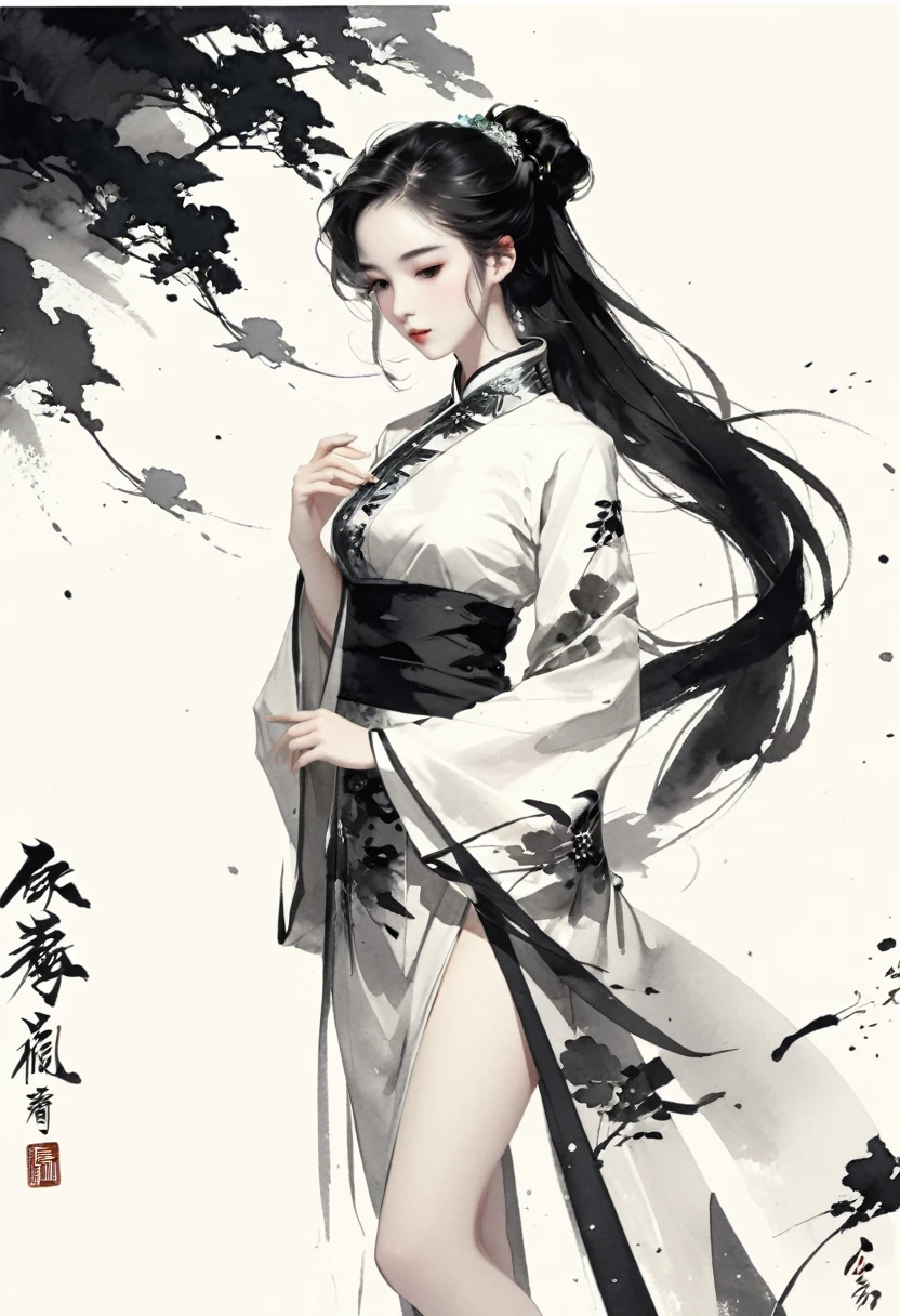 Artistic ink painting，Three-dimensional ink painting，Minimalism，Minimalist graphics，Minimal Art，Chinese anime girls，whole body，Chinese style，antiquity，Ink Painting，cheongsam，Black long hair，Black and white background，古韵White Space，White Space，大面积White Space，Texture Matte，Low saturation，Minimalist composition，Master composition