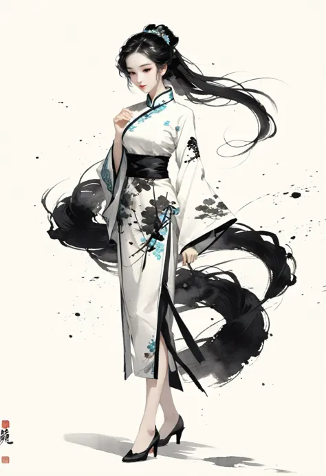 artistic ink painting，three-dimensional ink painting，minimalism，minimalist graphics，minimal art，chinese anime girls，whole body，c...