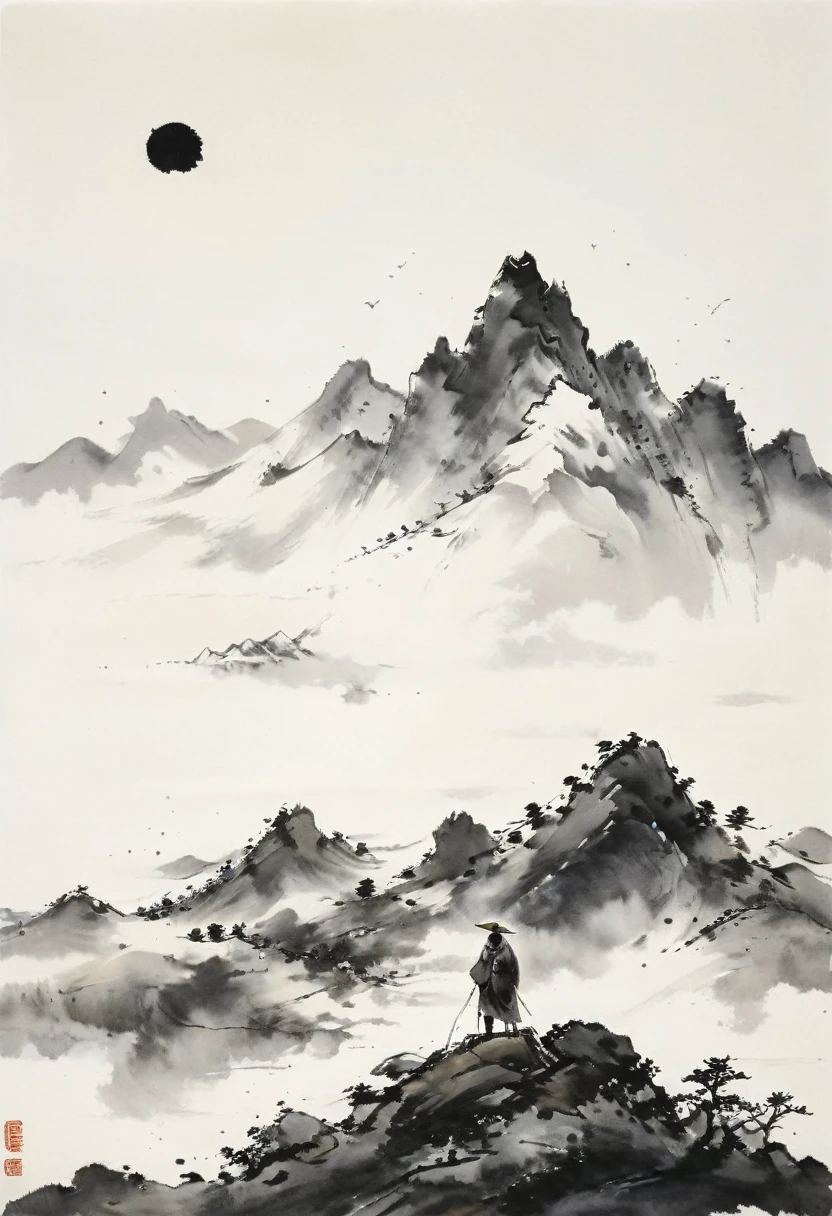 (Lots of white space:1.5)，(Lots of white space around:1.6), White background, simple, Minimalism, abstract,Freehand，Aesthetic，black and white，Ink Painting，antiquity，a mountain，A person far away