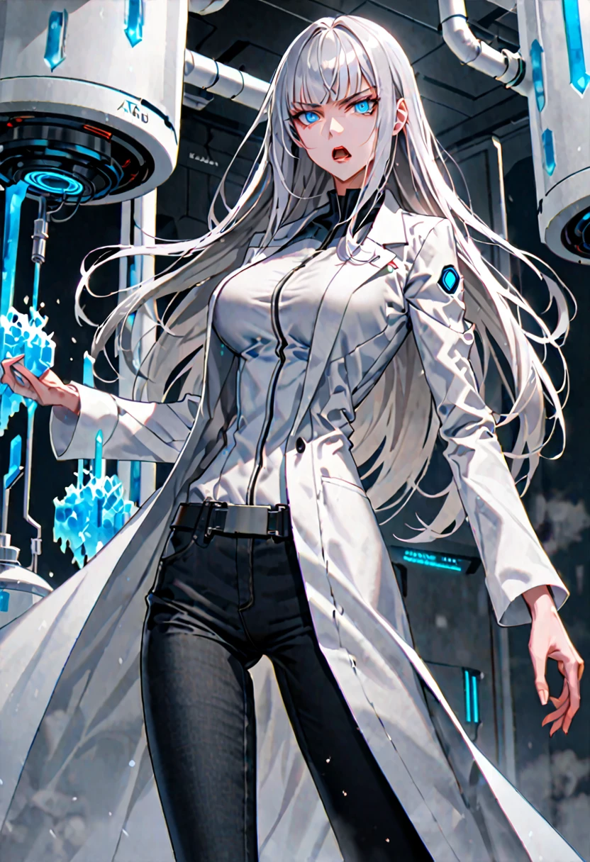 female, silver hair, long hair, straight bangs, large breasts, serious, white lab coat, blue eyes, cryogenic lab, blouse, black jeans, warm, futuristic, open mouth, extremely tall