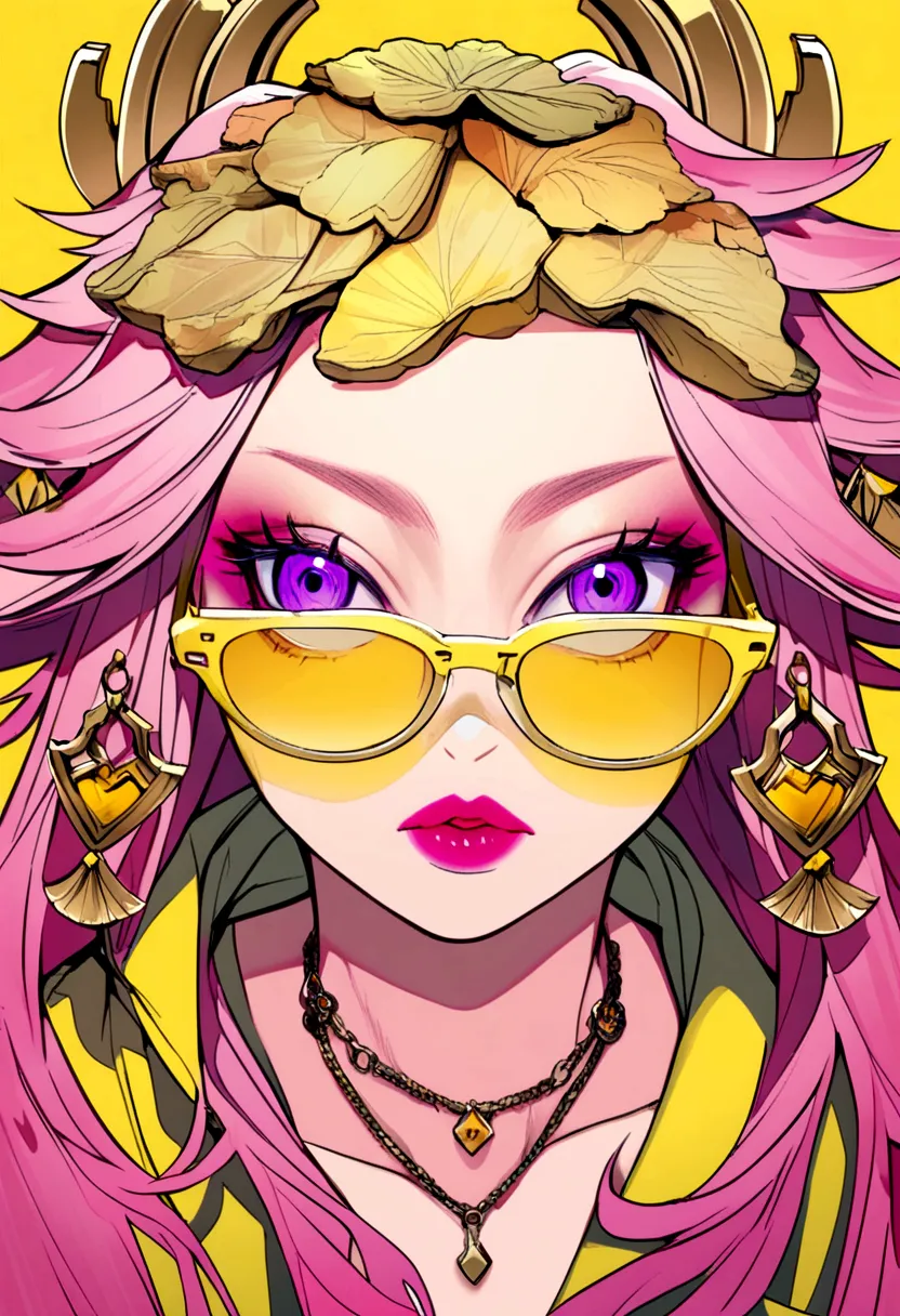 yae miko wearing trendy yellow sunglasses, yellow background, pink hair, purple eyes