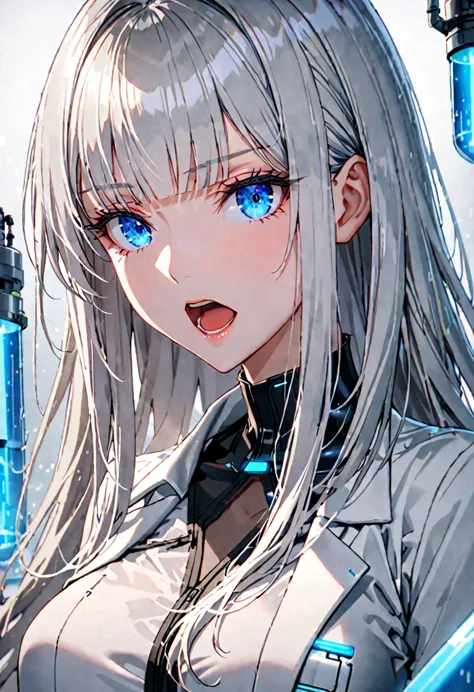 female, silver hair, long hair, straight bangs, large breasts, white lab coat, blue eyes, cryogenic lab, blouse, black jeans, wa...