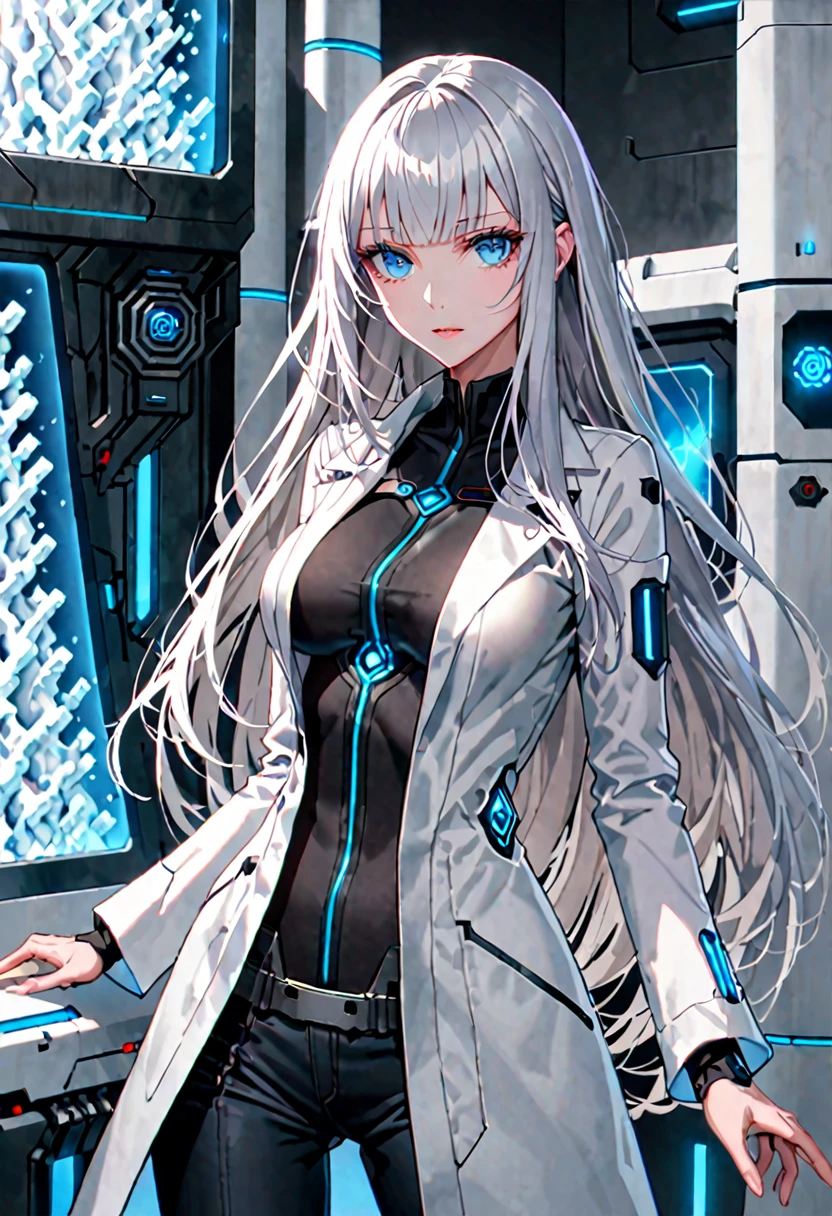 female, silver hair, long hair, straight bangs, large breasts, white lab coat, blue eyes, cryogenic lab, blouse, black jeans, warm, futuristic, open ajar, extremely tall, from the waist up, dandere