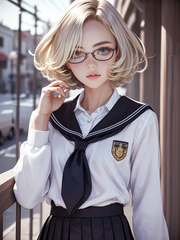 1girl, elegant bearing, small, slender build, short height, narrow shoulders, pale skin dotted by freckles, short platinum blonde hair, (((choppy hair))), (((boyish hair))), (olive eyes), silver glasses, cute facial features with an underlying elegance, thin lips, small breasts, 15 years old female, RAW photo, ((slim body: 1)), (HQ skin: 1.4), 8k uhd, dslr, soft light, high quality, ((school uniform, white clothes, gold accents, (looking at viewer:1.4)
