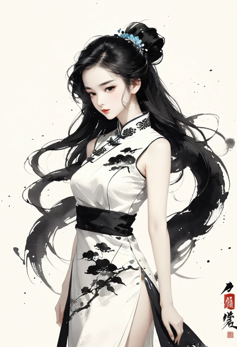 Artistic ink painting，Three-dimensional ink painting，Minimalism，Minimalist graphics，Minimal Art，Chinese anime girls，whole body，Chinese style，antiquity，Ink Painting，cheongsam，Black long hair，Black and white background，古韵White Space，White Space，大面积White Space，Texture Matte，Low saturation，Minimalist composition，Master composition