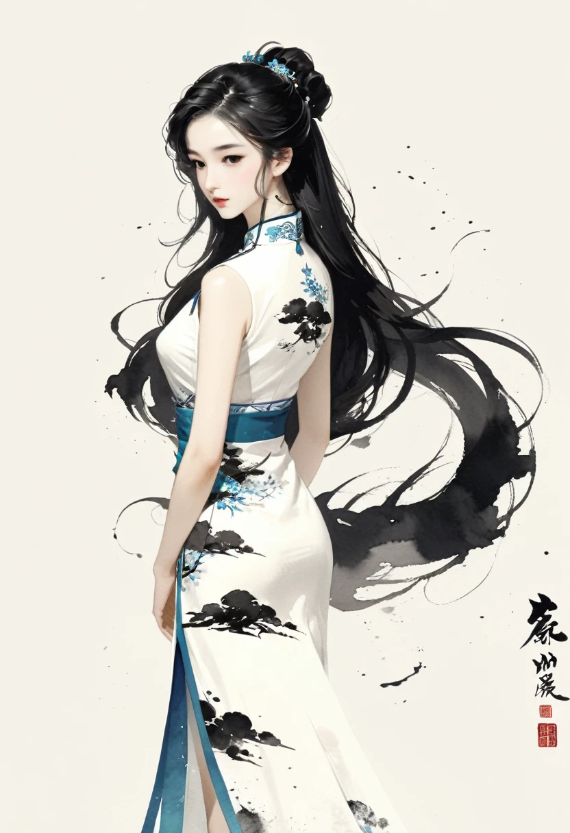 Artistic ink painting，Three-dimensional ink painting，Minimalism，Minimalist graphics，Minimal Art，Chinese anime girls，whole body，Chinese style，antiquity，Ink Painting，cheongsam，Black long hair，Black and white background，古韵White Space，White Space，大面积White Space，Texture Matte，Low saturation，Minimalist composition，Master composition