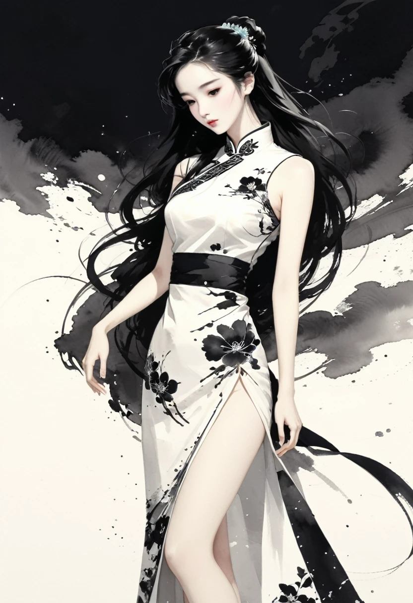 Artistic ink painting，Three-dimensional ink painting，Minimalism，Minimalist graphics，Minimal Art，Chinese anime girls，whole body，Chinese style，antiquity，Ink Painting，cheongsam，Black long hair，Black and white background，古韵White Space，White Space，大面积White Space，Texture Matte，Low saturation，Minimalist composition，Master composition