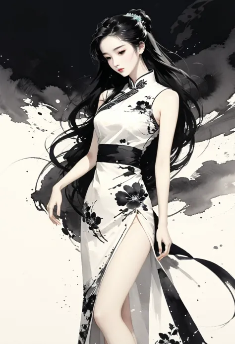 artistic ink painting，three-dimensional ink painting，minimalism，minimalist graphics，minimal art，chinese anime girls，whole body，c...